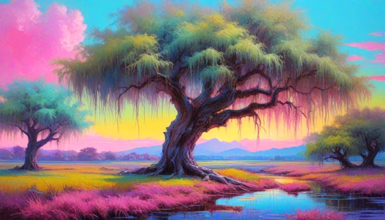 Majestic Sunset in Whimsical Oil Painting Style