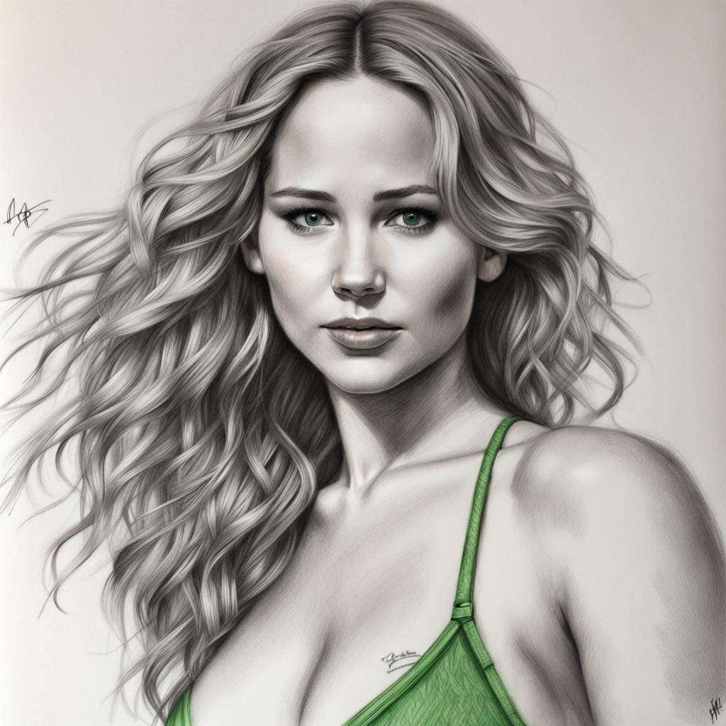Jennifer Lawrence in Green Bikini: Detailed Pencil Sketch