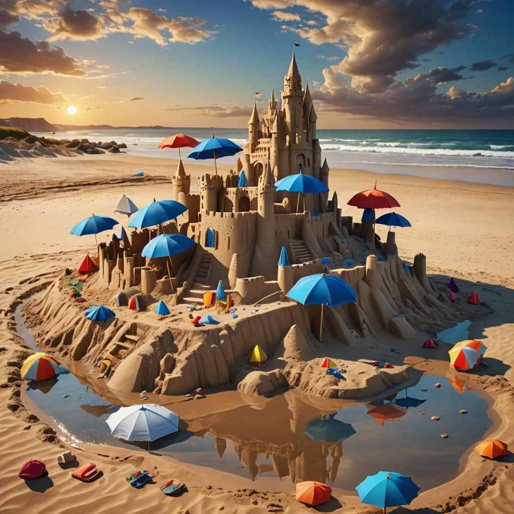 Fantasy Sand Castle on a Beach in Warm Colors