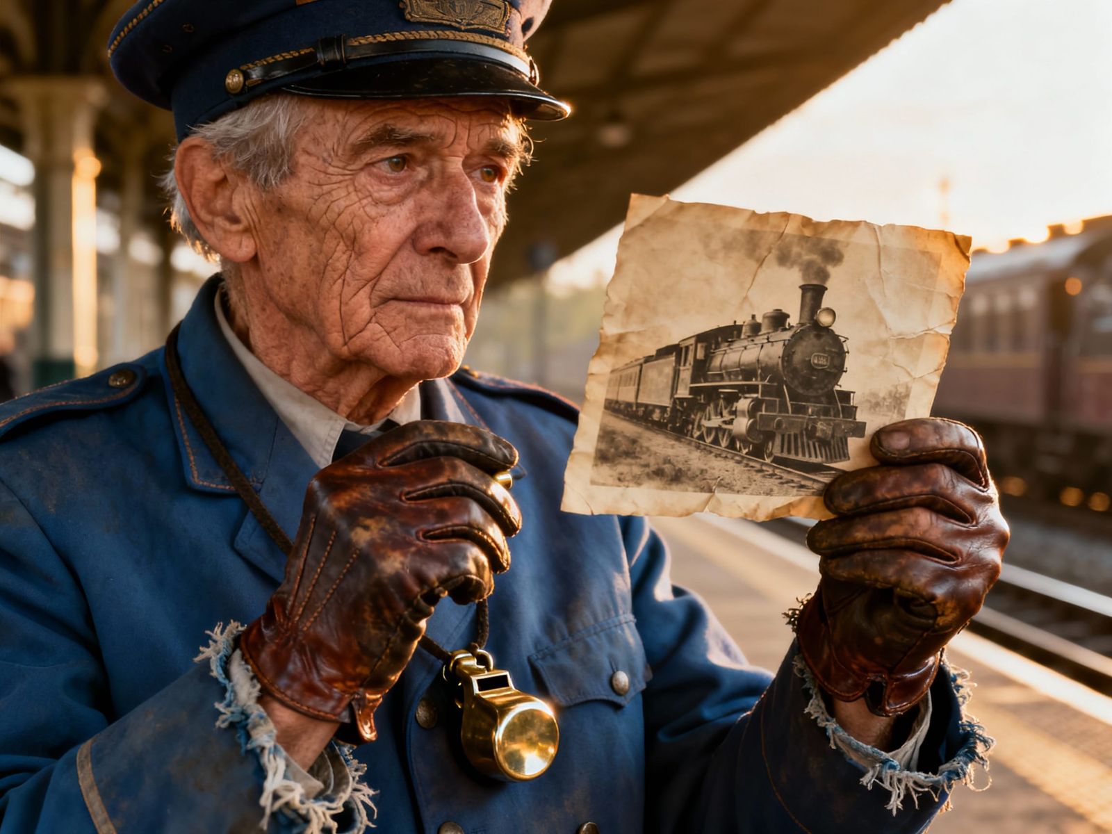 Hyperrealistic Portrait of Nostalgic Train Conductor