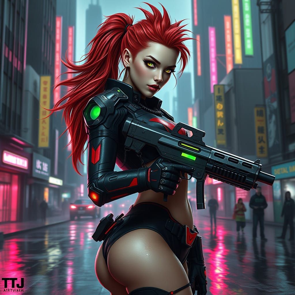 Cyberpunk Gynoid in Dystopian Cityscape
