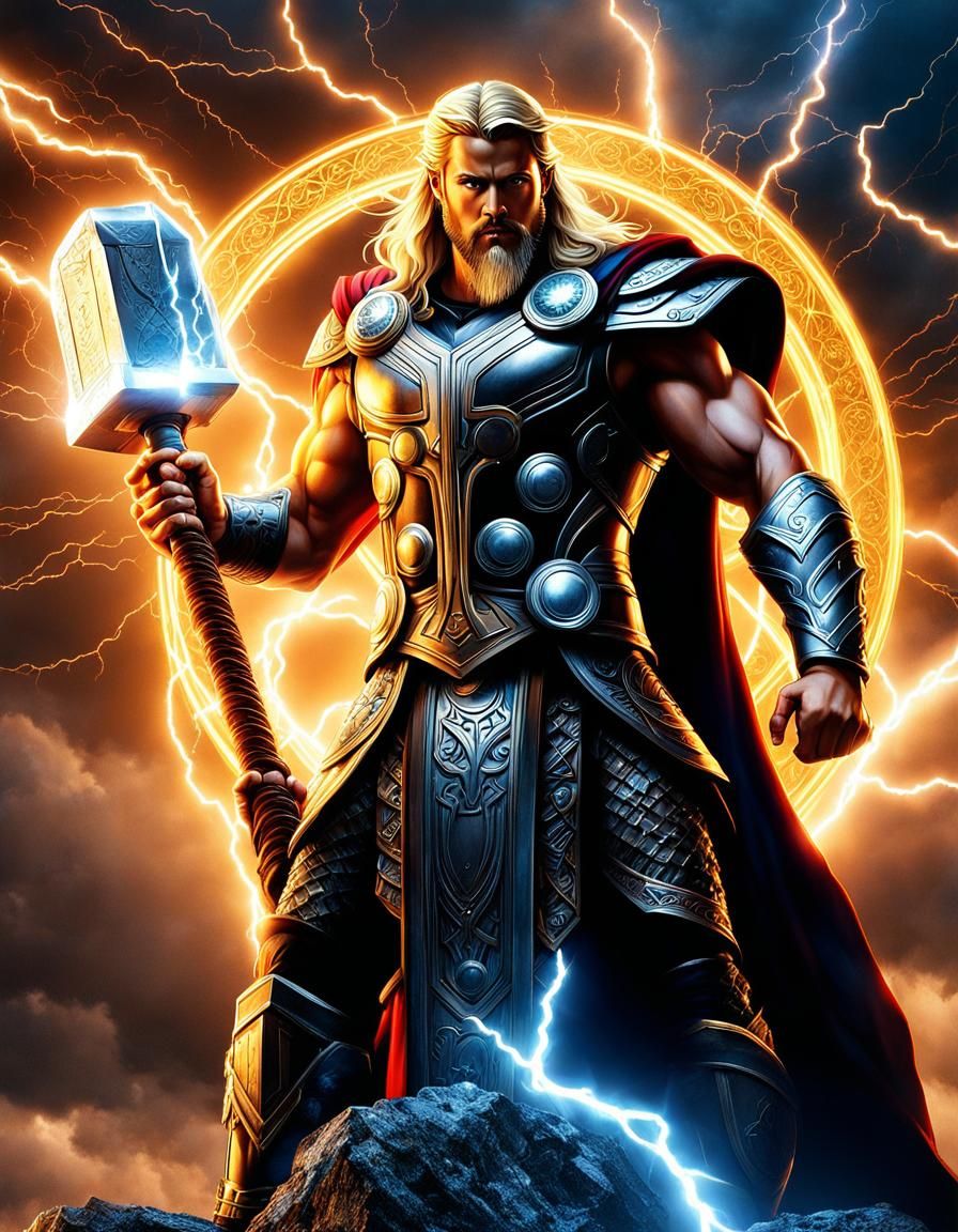 Majestic Thor with Mjölnir Emitting Lightning