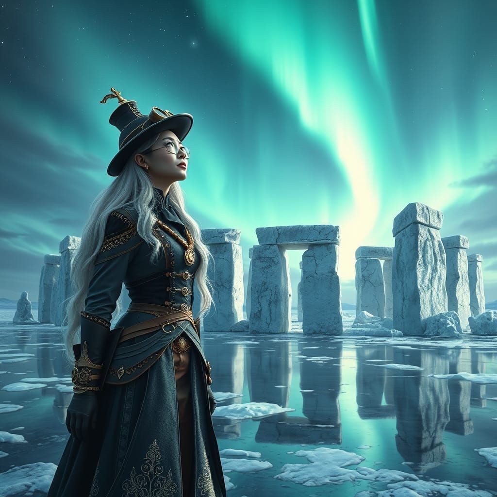 Steampunk Philosopher at Frozen Stonehenge Under Aurora