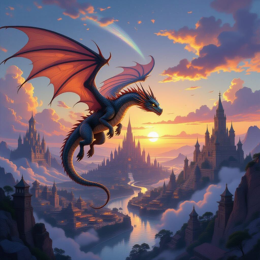 Dragon Soaring Above Alien Kingdom: Hyperrealistic Art