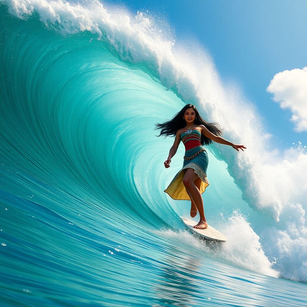 Moana riding a colossal wave