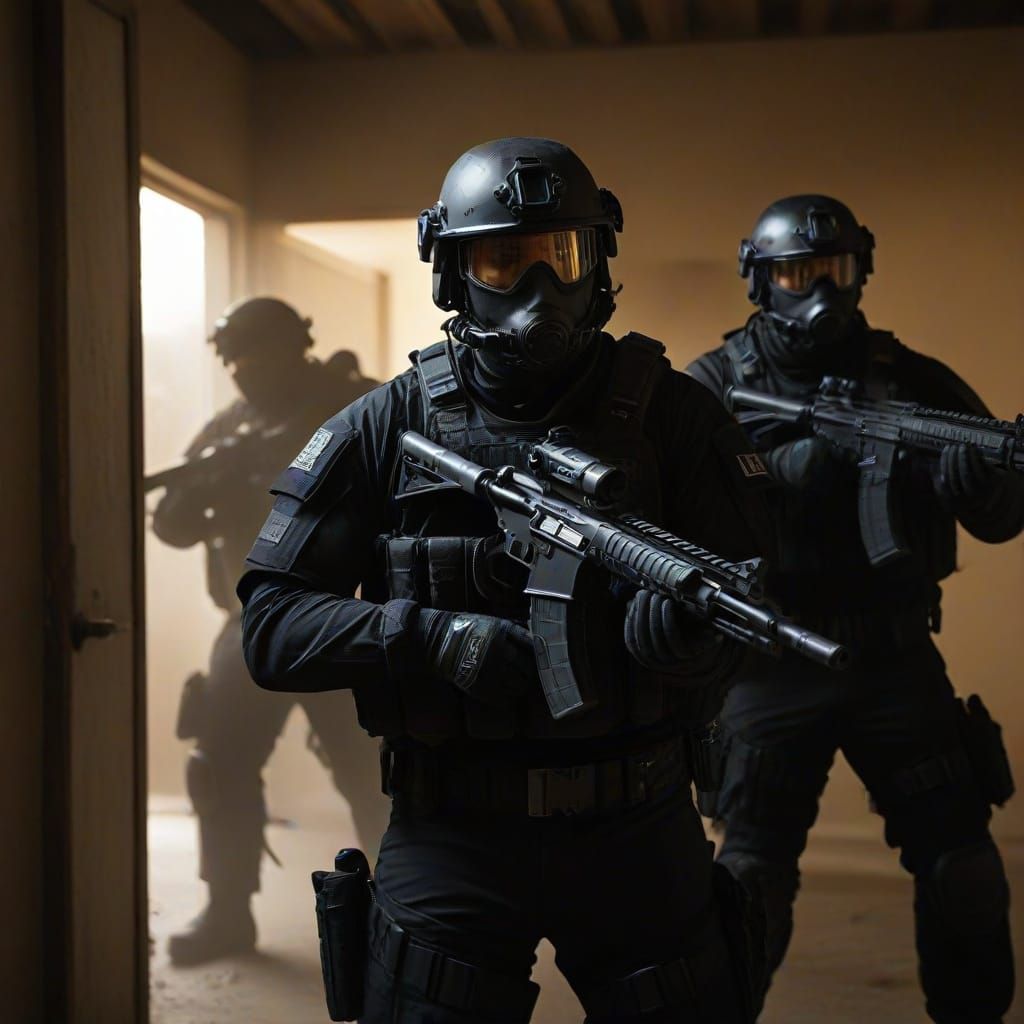 Swat Team Enters Building With Dramatic Lighting