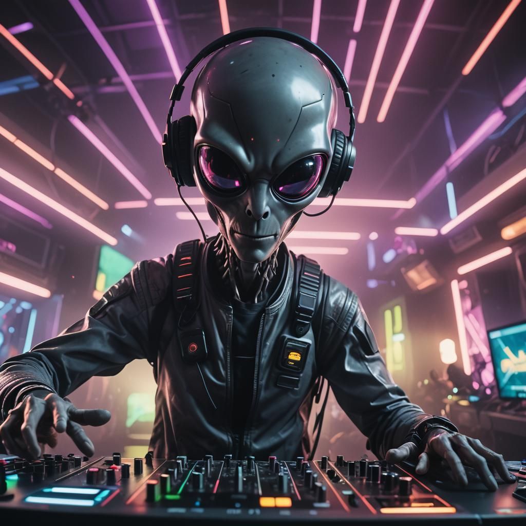 Cinematic photography of a grey alien DJ, with large almond-...
