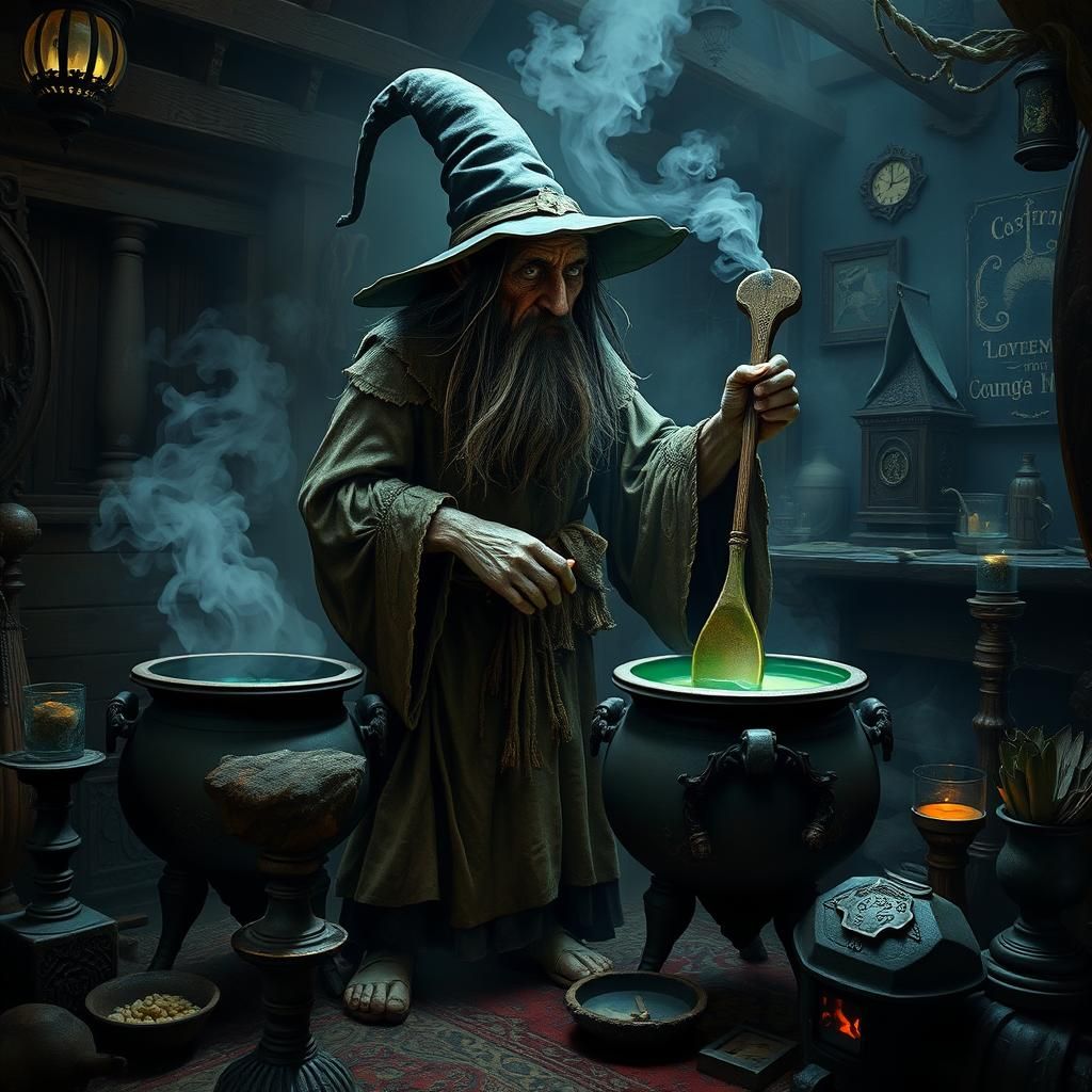 Mystical Witch Stirring Emerald Potion