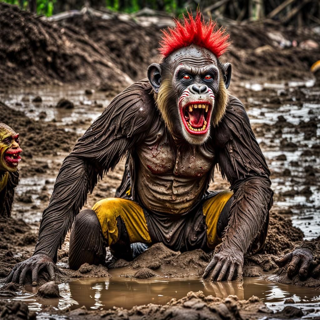 Hyperrealistic Zombie Monkey Monster Clowns Play in Mud