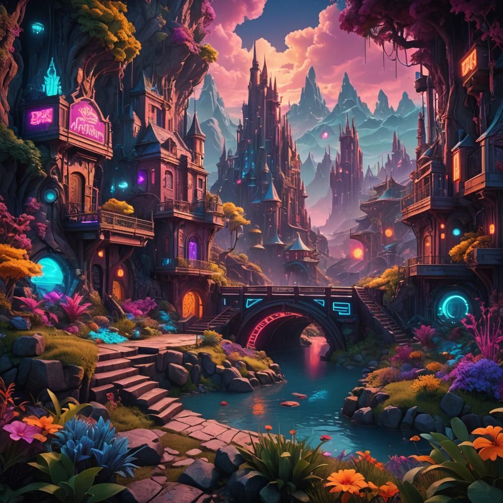 Neon Fantasy Landscape: Vivid Digital Art