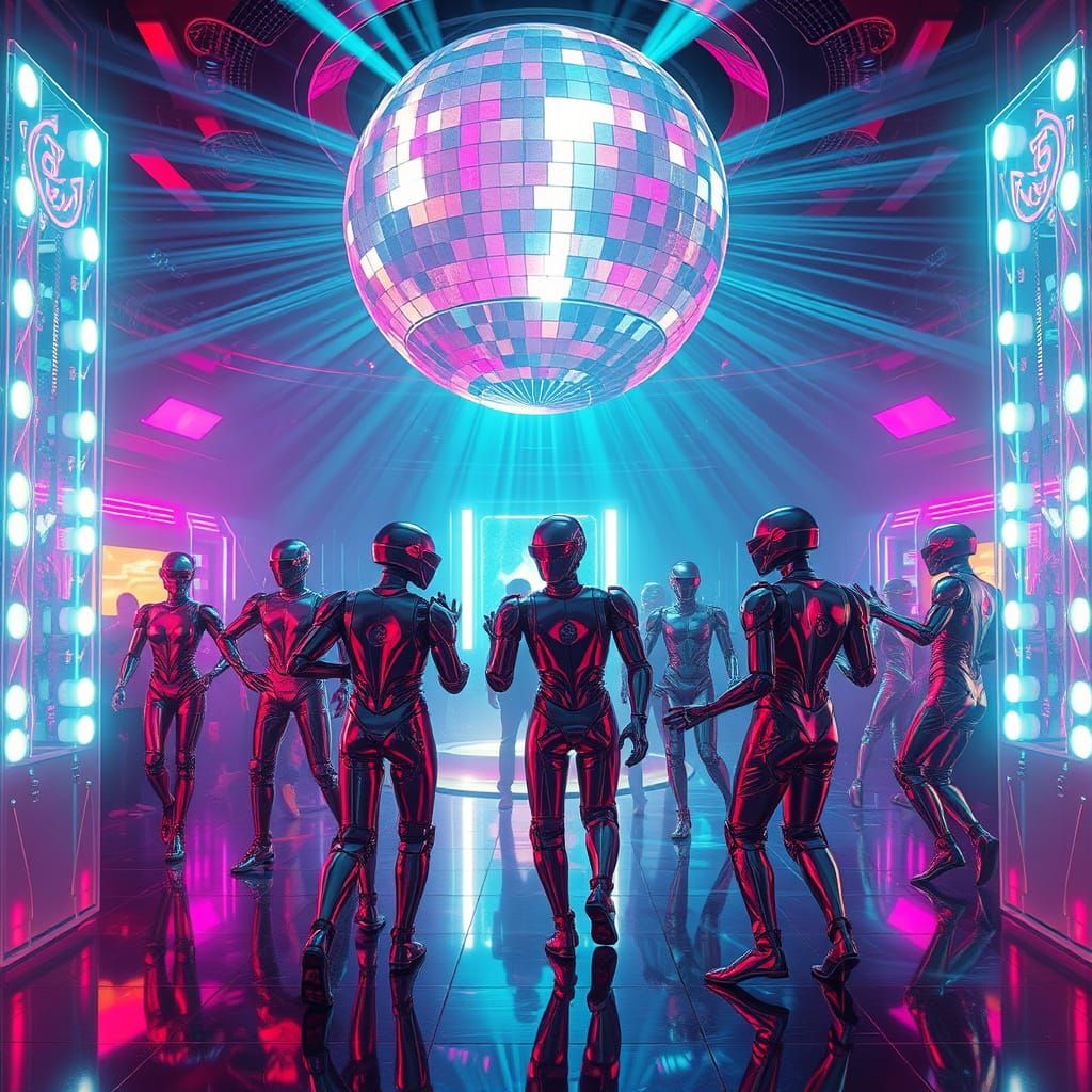 Robots Dancing Under Holographic Disco Ball in Futuristic Cl...