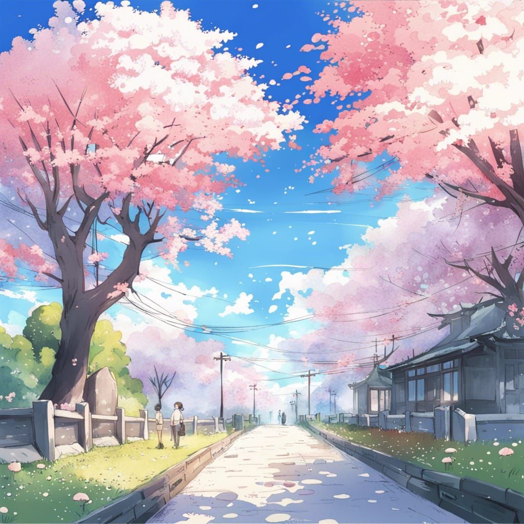 Blossom Trees in Anime Key Visual Style
