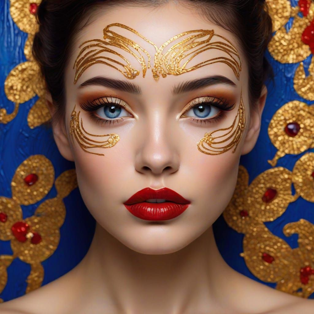 A head of a beautiful woman with olive skin and red lipstick on her lips, topaz blue eyes, and abstract makeup on her fa...