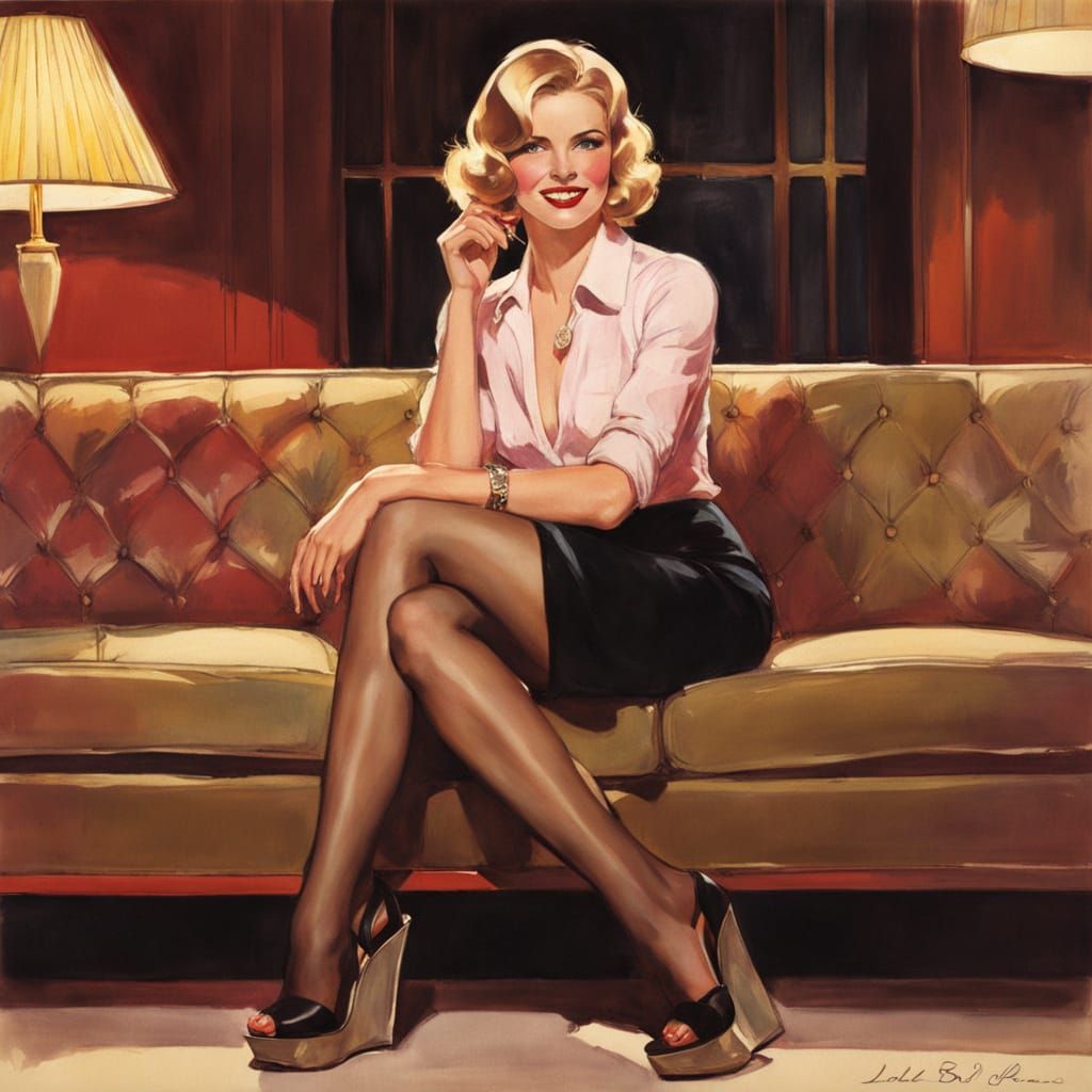 Flirty Woman in 1970s Living Room, Watercolor Style