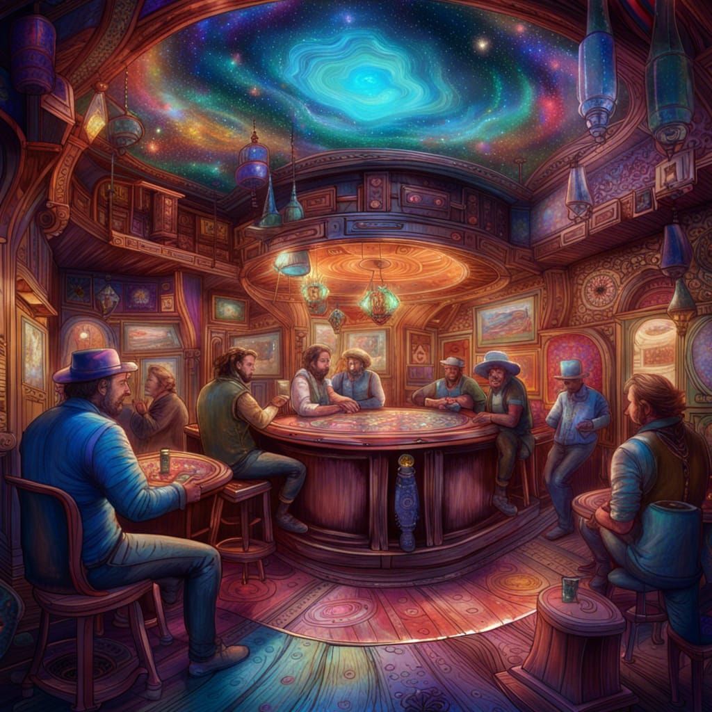 Cosmic Saloon Illustration in Pablo Amaringo Style