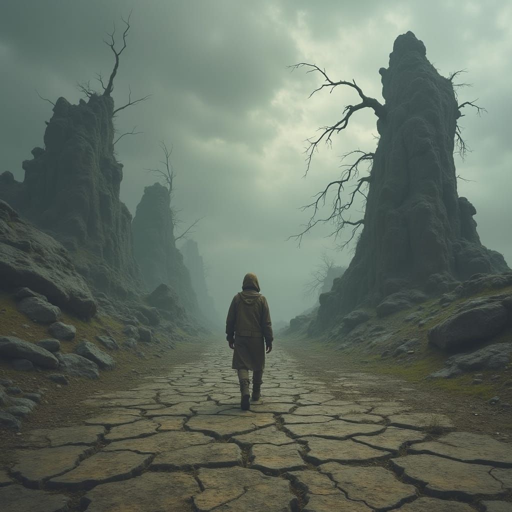Lone Wanderer on Barren Island, Ancient Trees Against Stormy...