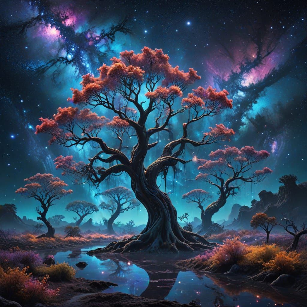 Cosmic Waterfall Flows into Alien Trees Under Starry Sky