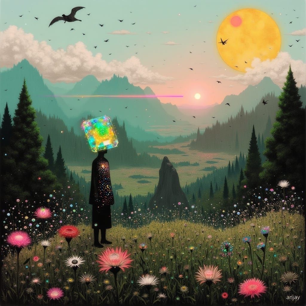 Vibrant Gemstone Landscape with Majestic Dinosaur