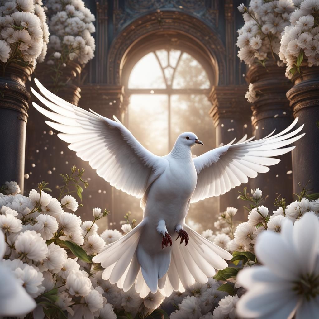 White Dove in White Flowers: Fantasy Concept Art