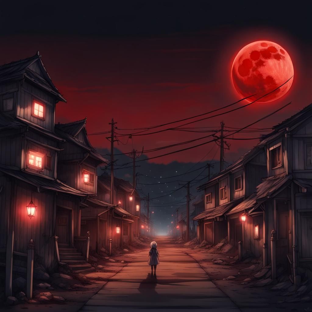 Creepy Town Under Blood Moon in Anime Style