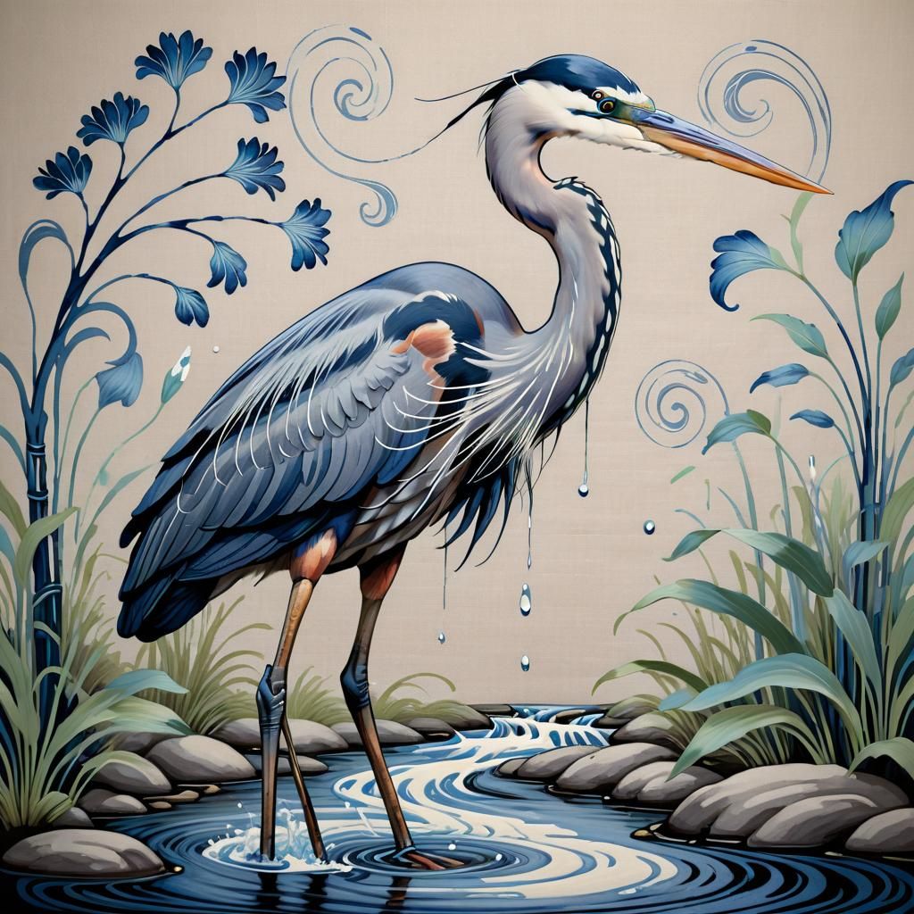 Great Blue Heron in Art Nouveau Ink Painting