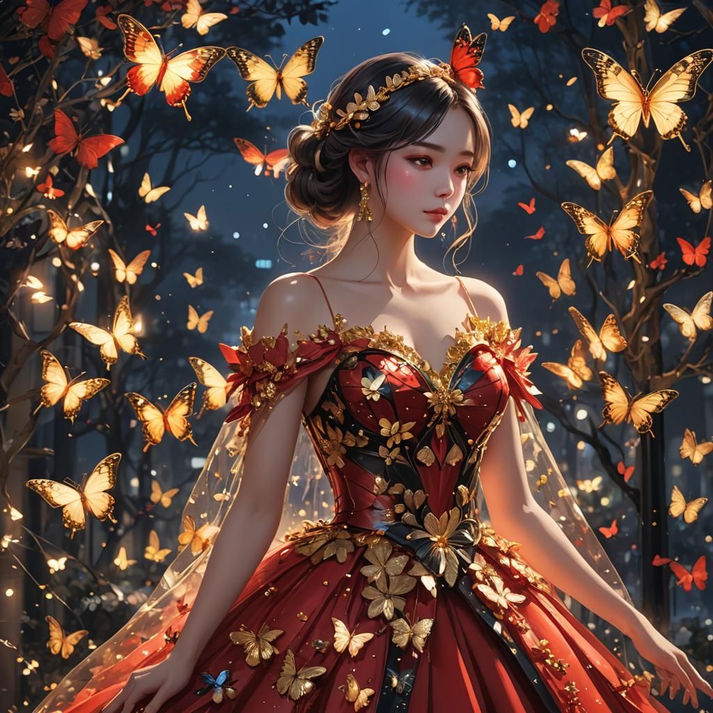 Gorgeous Butterfly Gown in Impressionistic Anime Style