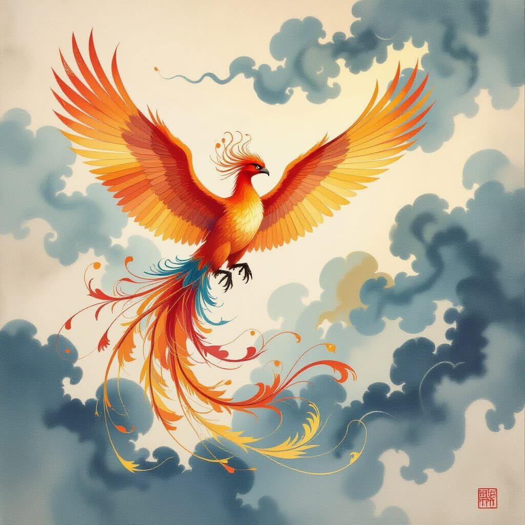 Phoenix of Ink and Calligraphy Soars in Ethereal Sky