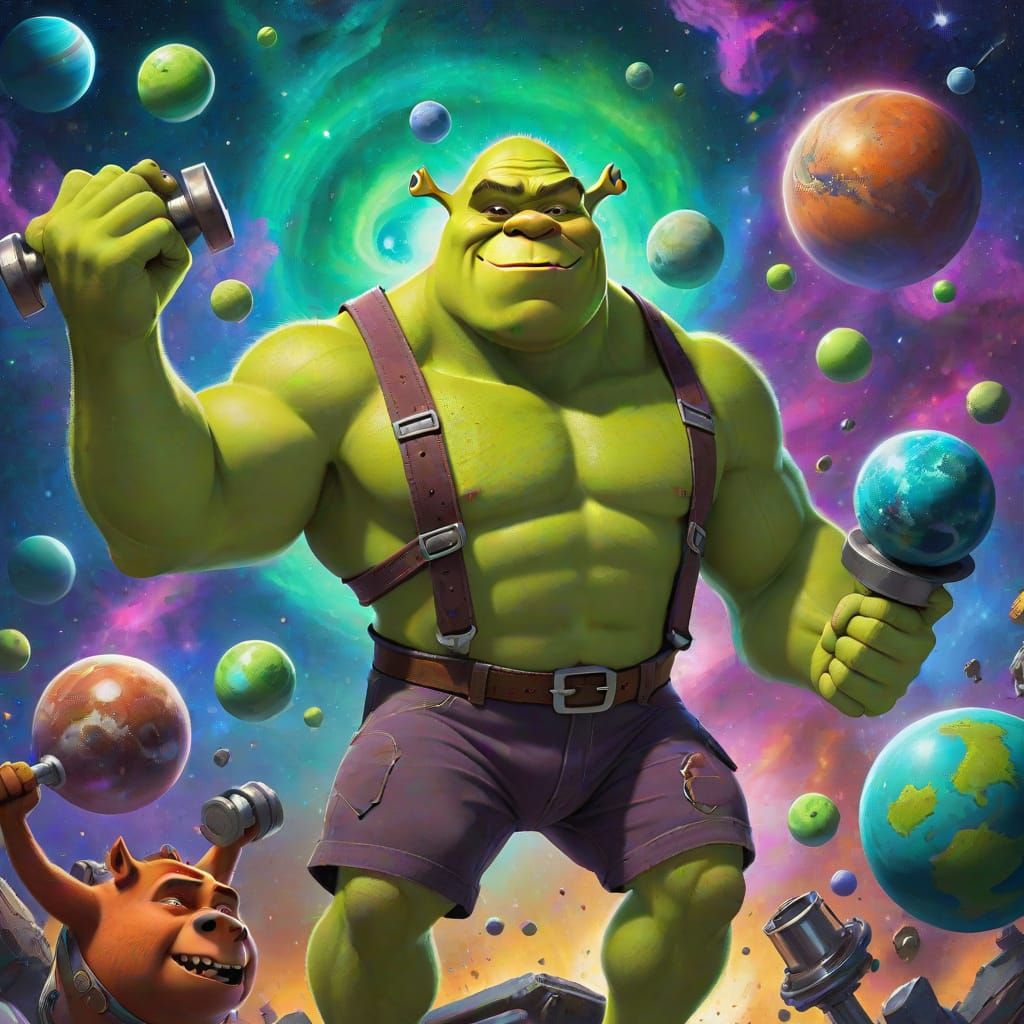 Hyperrealistic Shrek Lifting Planets in Cosmic Gym