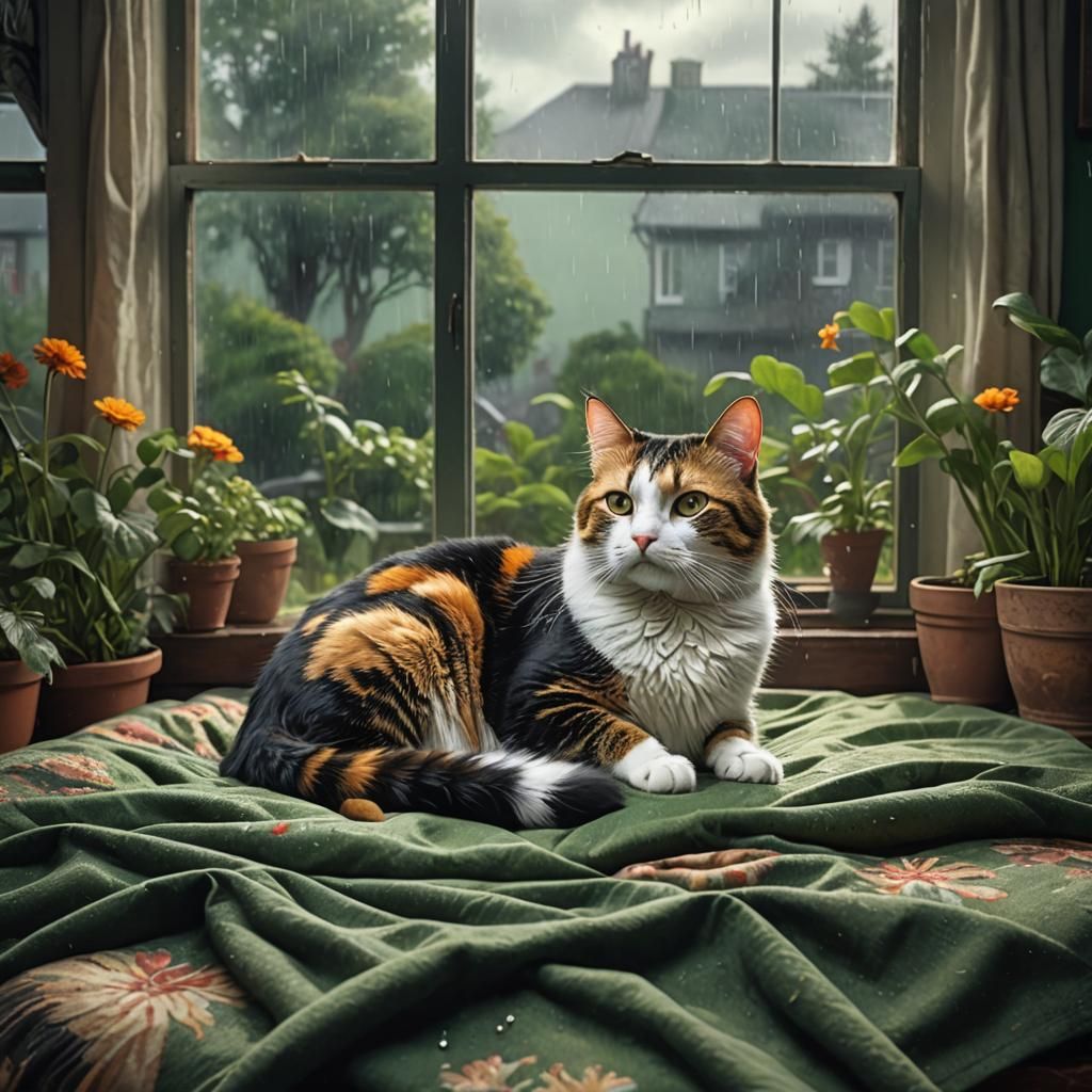 Calico Cat in Rainy Garden: Digital Painting