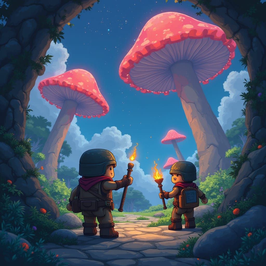 Fantastical Mushroom Realm in Whimsical Studio Ghibli Style