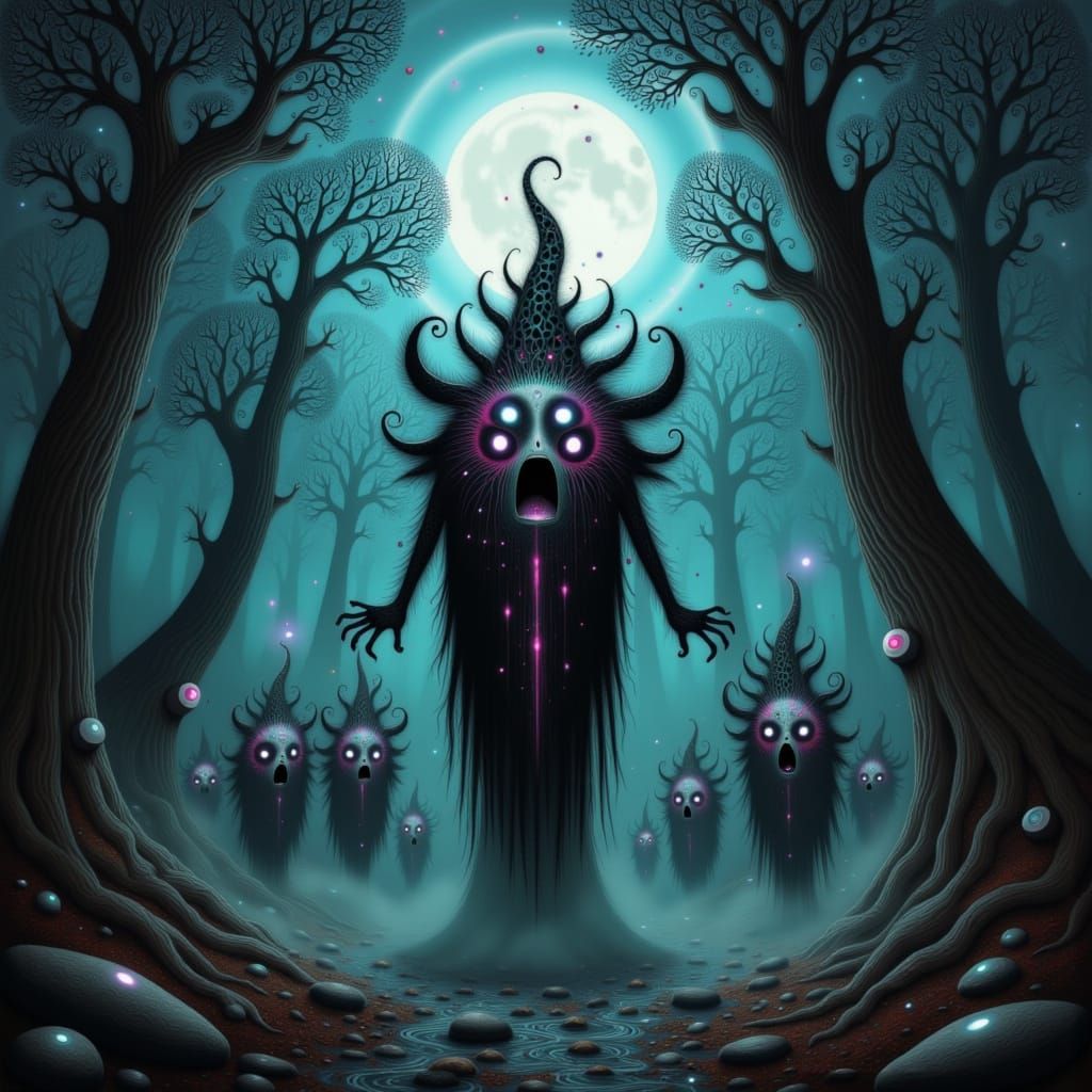 Mystical Trolls in Moonlit Forest, Digital Art