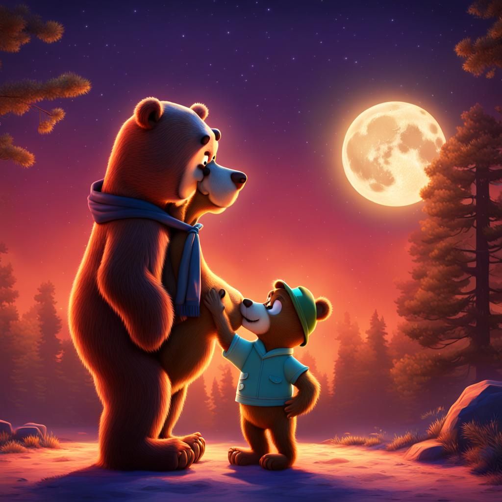 Yogi and Cindy Bear's Moonlight Kiss: 3D Digital Art