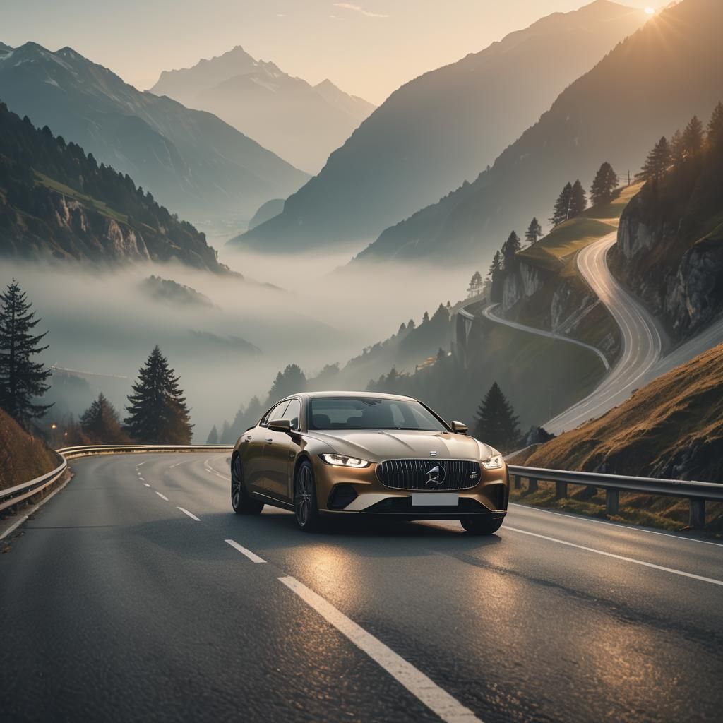 Luxury Car on Misty Swiss Road: Photorealistic 8K