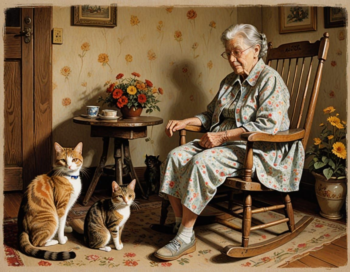 Grandma and Cat in Rocking Chair as Rockwell Painting