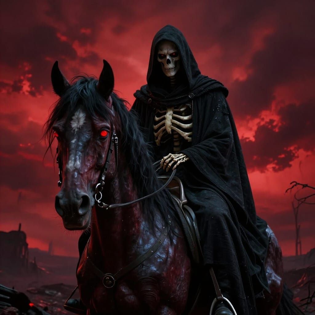 Grim Reaper on Demonic Steed in Hellish Landscape