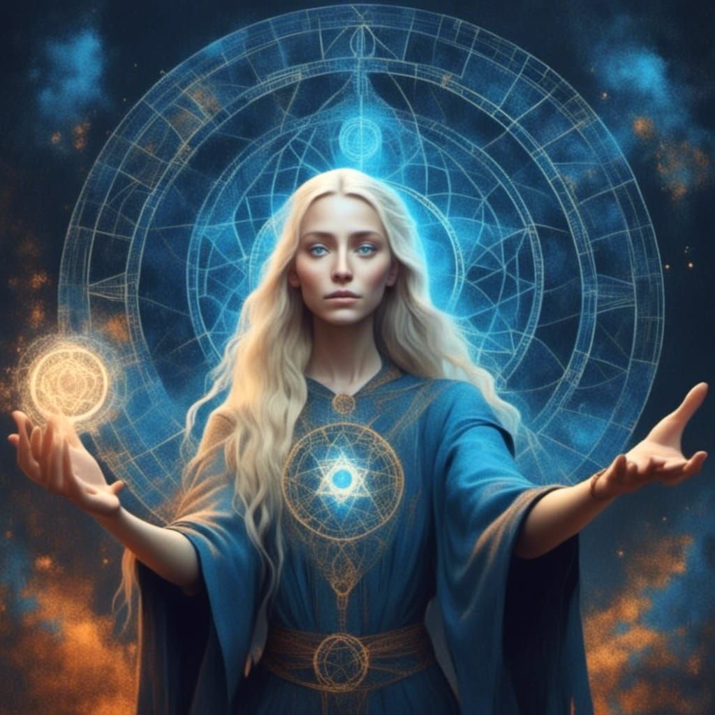 Blonde Wizard Casting Spell with Fractal Symbols