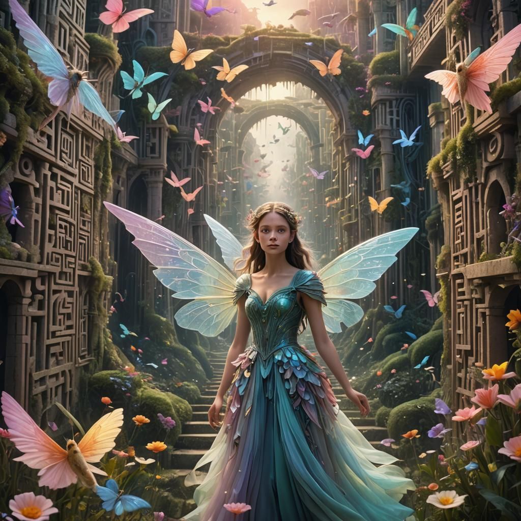 Fairy with Pastel Wings Over Intricate Maze