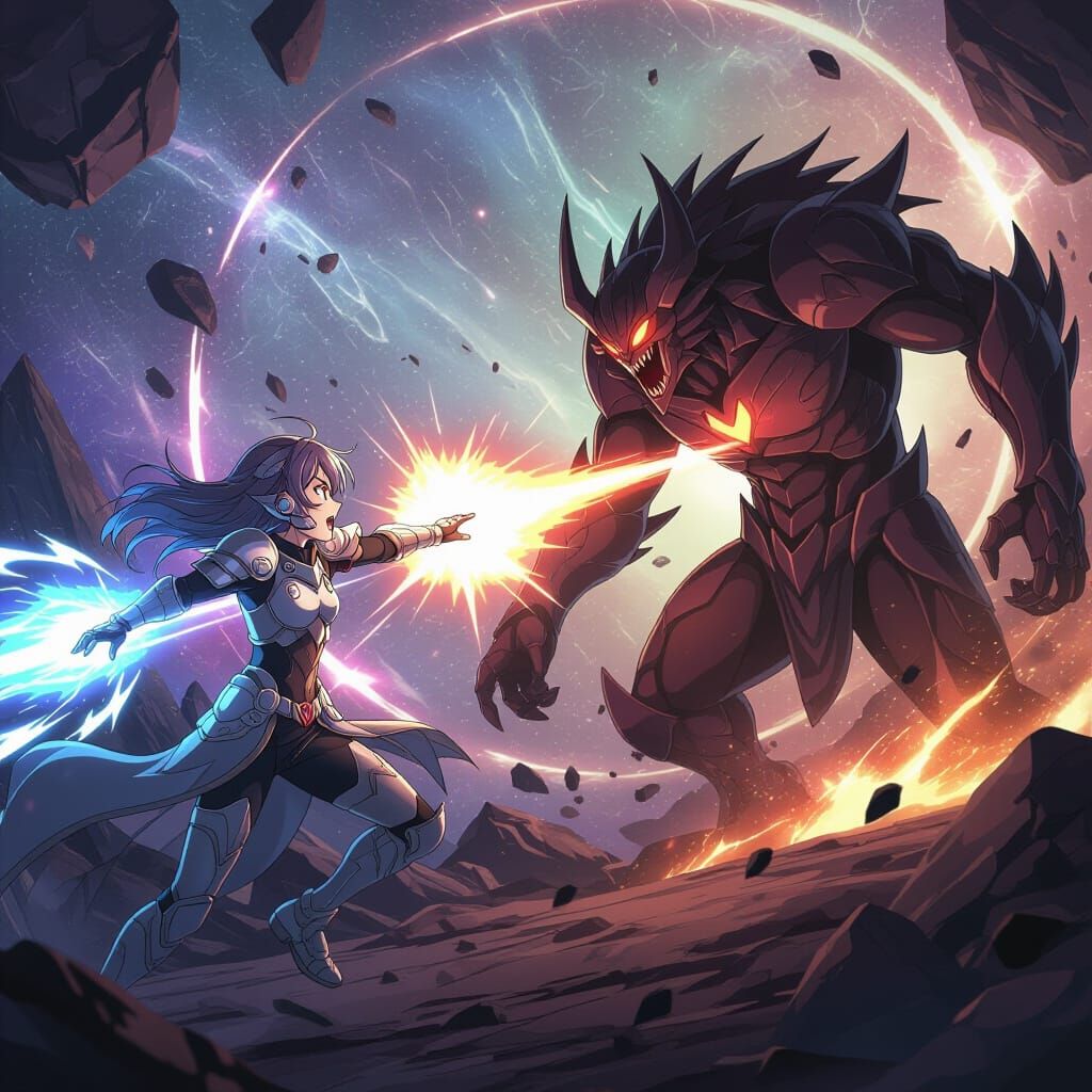 Futuristic Heroine Unleashes Energy Beam in Cosmic Battle