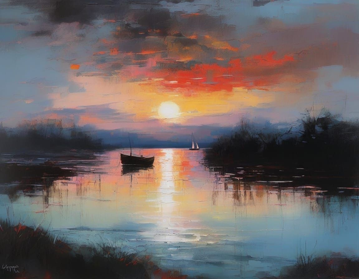 Vibrant Oil Painting of a Tranquil Lake at Dusk