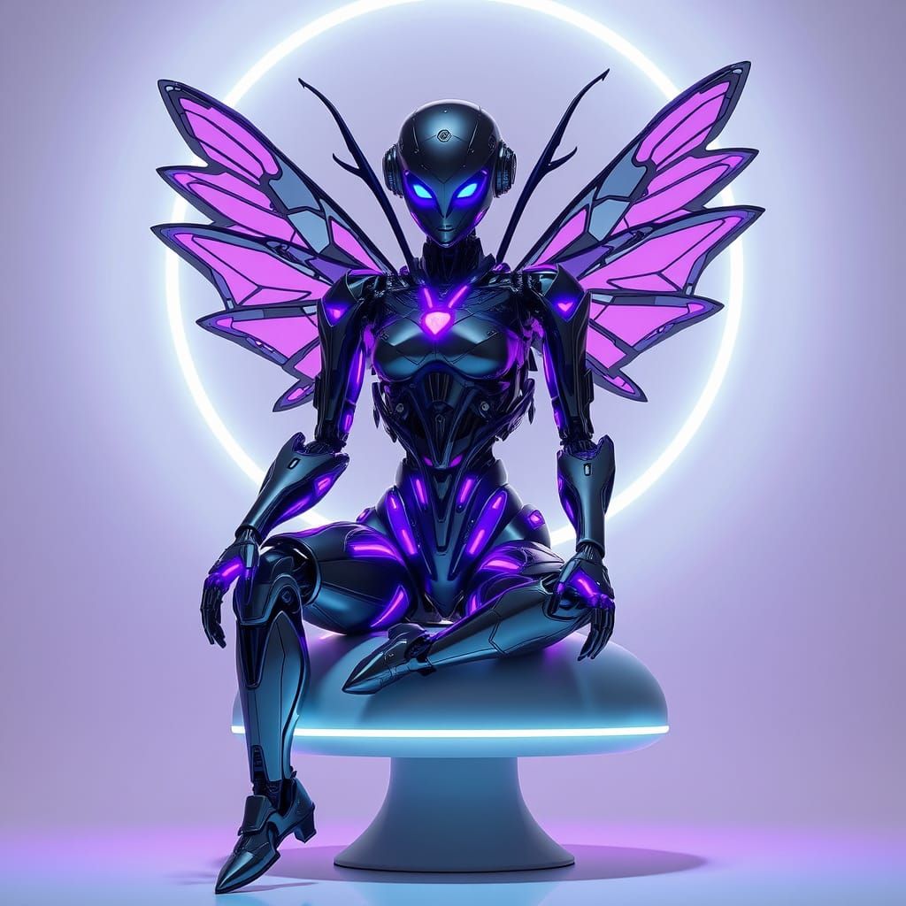 Cybernetic Fairy Robot Sits Serenely on Modern Mushroom Stoo...