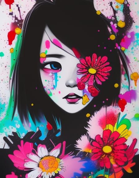 Colorful Japanese Girl in Graffiti Splash Art