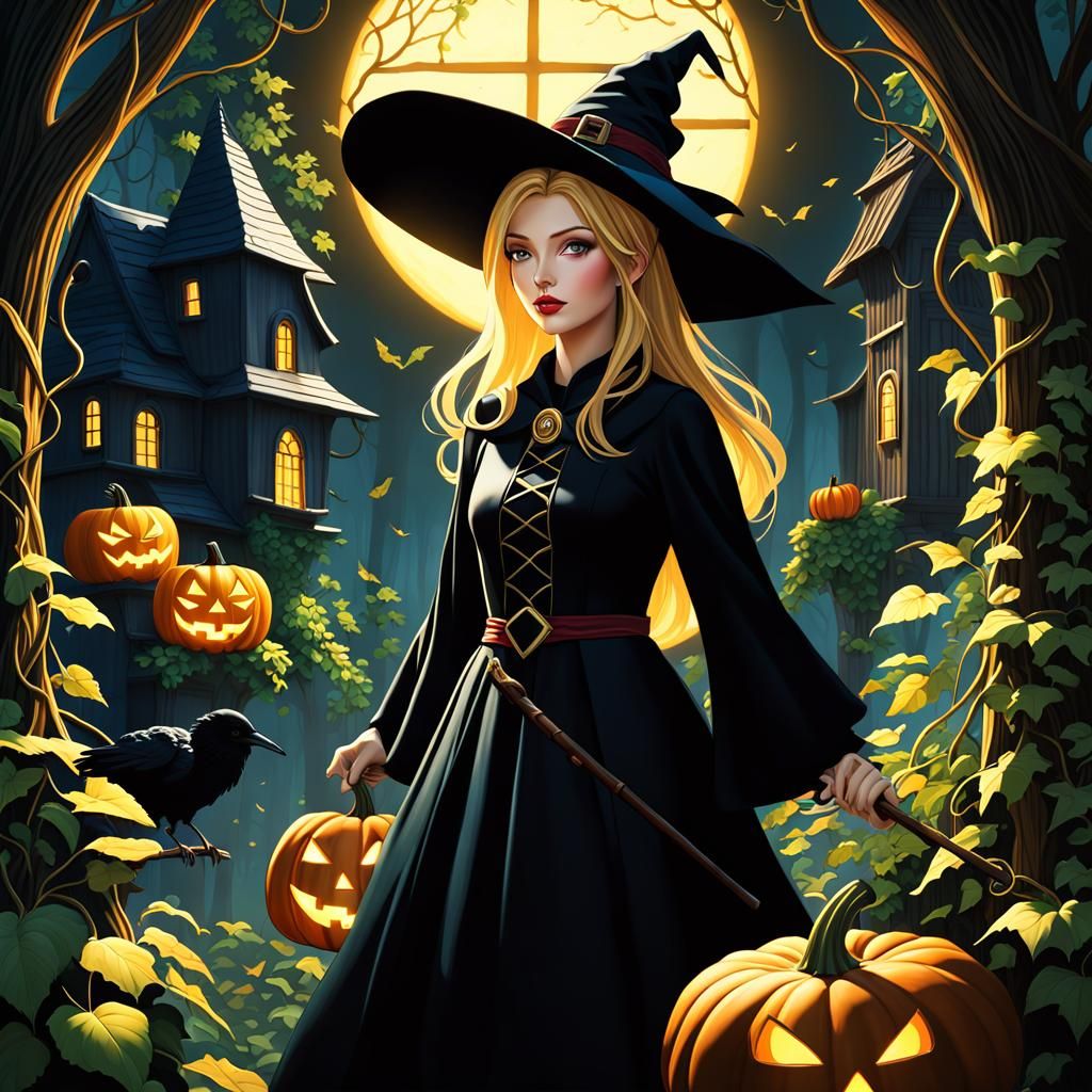 Mysterious Witch Casting Magic in Forest Oil Painting