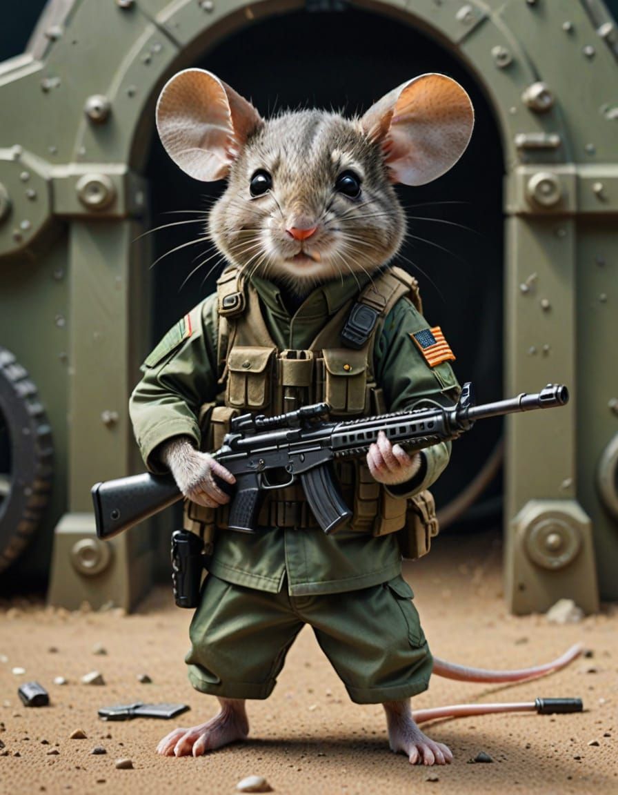 Mouse in Military Uniform Stands Guard at Stargate