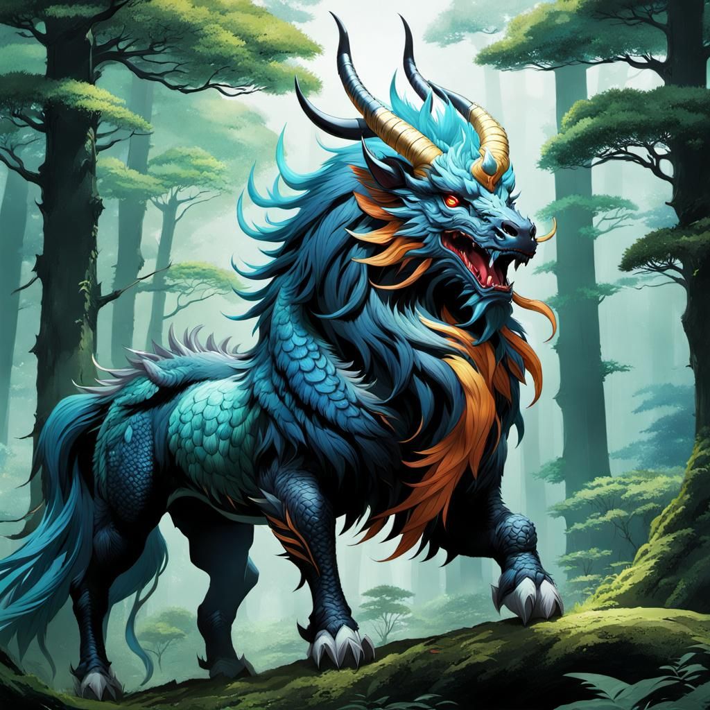 Detailed Manga Kirin in Forest, Fantasy Art