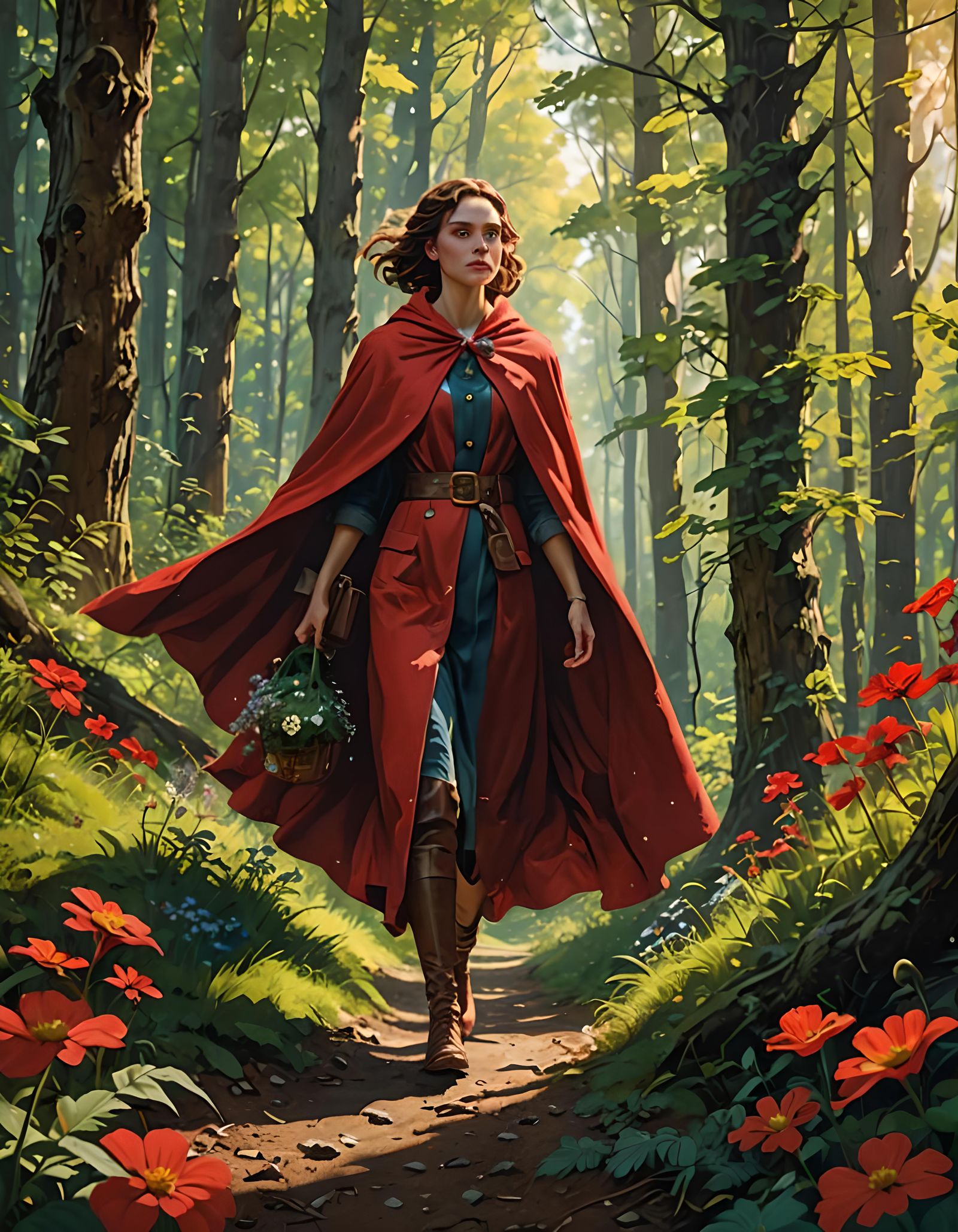 Woman in Red Cape Walking Through Forest