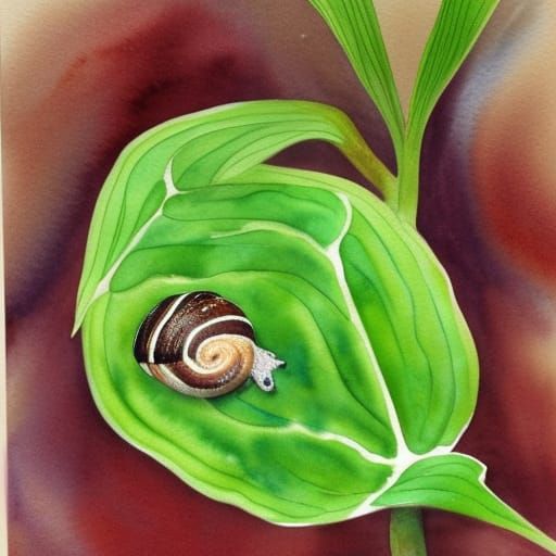 Nerite Snail on Hosta Leaf in Realistic Watercolor