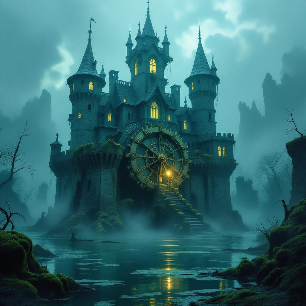 Ancient Clockwork Castle in Misty Swamp