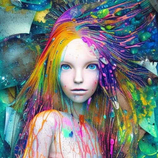 Cybernetic Astrolabe Sorceress Portrait in Torn Paper Collag...