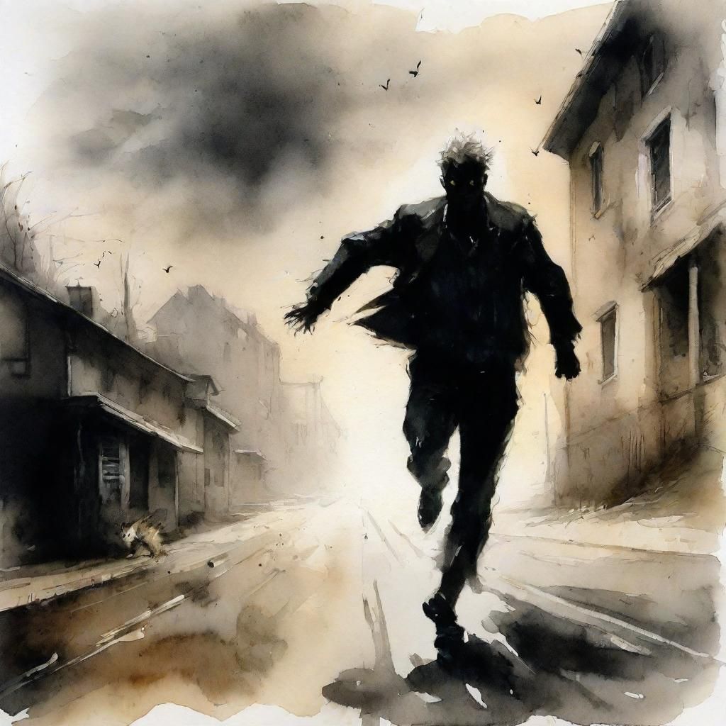 Terrified Man Pursued by Kitten: Chiaroscuro Watercolor