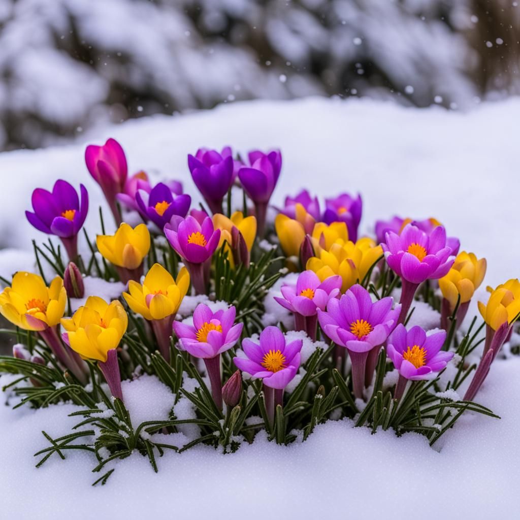 Colorful Crocuses Bloom Through Snow